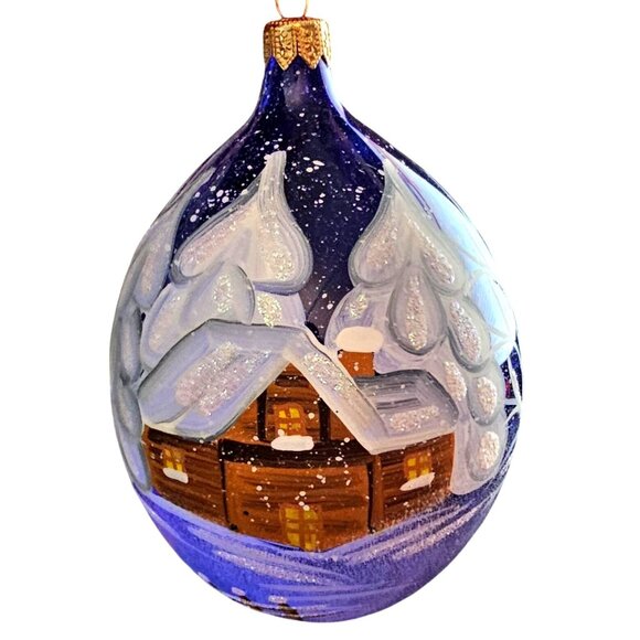 Hand-Painted Glass Christmas Ornament With Snowy Cabin Scene - Picture 4 of 5